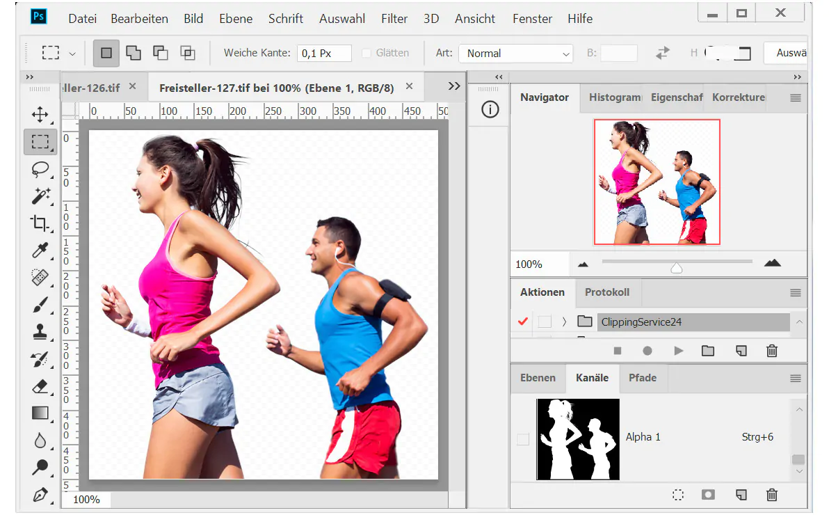 Bildhintergrund entfernen mit Alphakanal Softmasking Joggerpaar